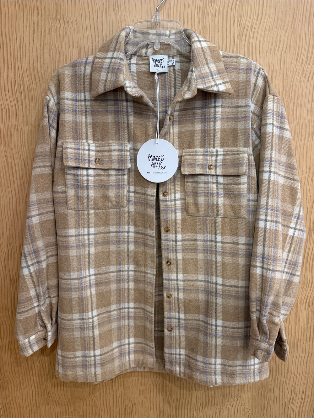 Princess Polly Tan and Cream Plaid Button-Down Shacket